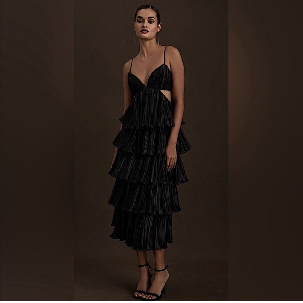 BHLDN by Carly Cushnie Brenna Tiered Pleated V-Neck Cutout Black Midi Dress- NWT